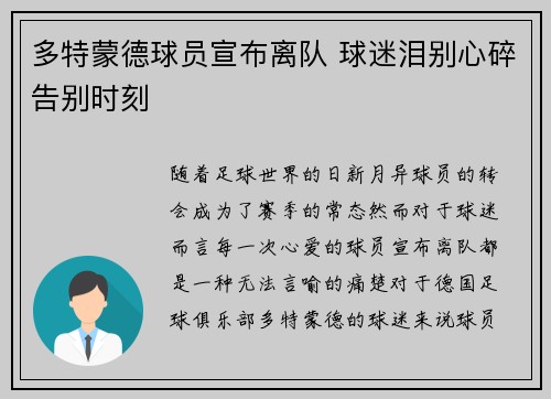 多特蒙德球员宣布离队 球迷泪别心碎告别时刻