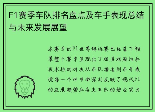 F1赛季车队排名盘点及车手表现总结与未来发展展望