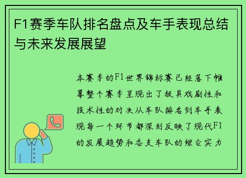 F1赛季车队排名盘点及车手表现总结与未来发展展望