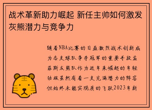 战术革新助力崛起 新任主帅如何激发灰熊潜力与竞争力
