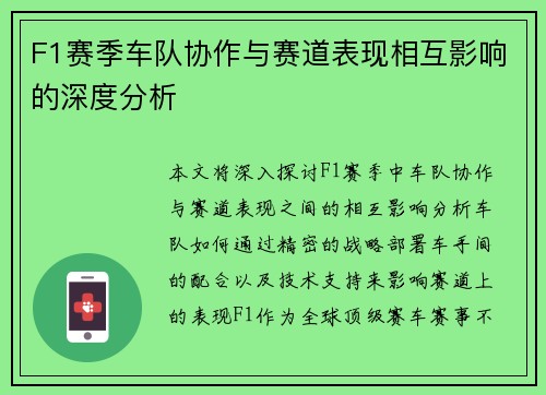 F1赛季车队协作与赛道表现相互影响的深度分析